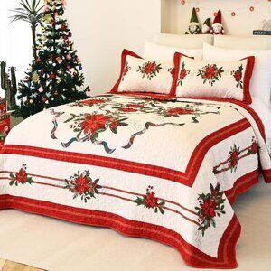 NEW! Quilt Christmas Theme Bedding Set with Pillow Shams Reversible Red Floral